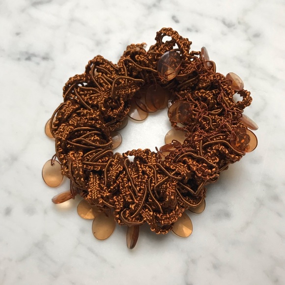 90’s Style Brown String Beaded Stretchy Scrunchie - Picture 1 of 5